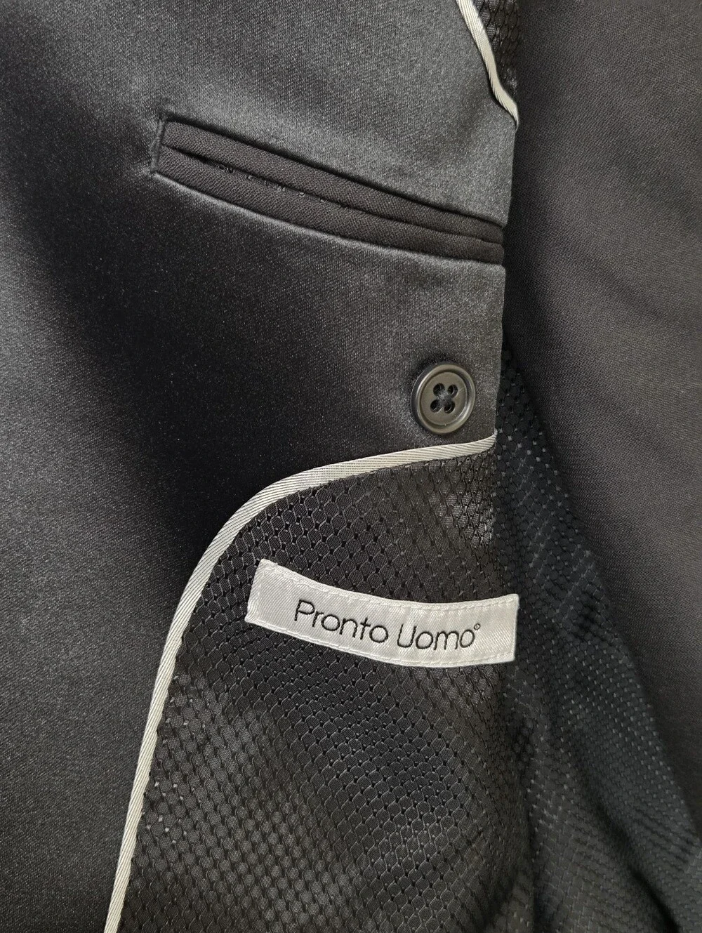 Pronto Uomo 41R 35W Black Tuxedo 2pc Suit Notch Lapel Satin 100% Wool